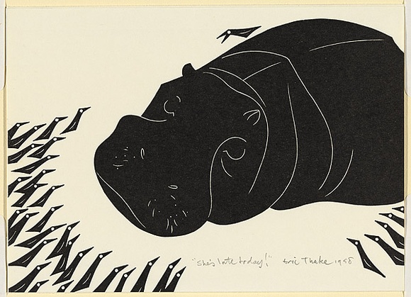 Artist: b'Thake, Eric.' | Title: b'Greeting card: Christmas (She\'s late today!)' | Date: 1959 | Technique: b'linocut, printed in black ink, from one block'