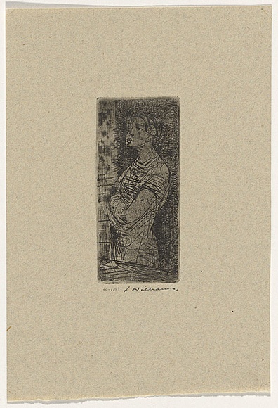 Artist: b'WILLIAMS, Fred' | Title: b'Barmaid' | Date: 1955-56 | Technique: b'etching, aquatint, engraving and drypoint, printed in black ink, from one zinc plate' | Copyright: b'\xc2\xa9 Fred Williams Estate'