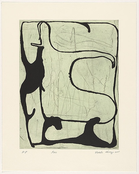 Artist: b'Kovacs, Ildiko.' | Title: b'Fall' | Date: 2005 | Technique: b'drypoint and aquatint, printed in black and green ink, from two copper plates'