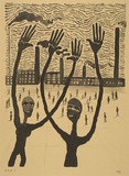 Artist: Hay, Bill. | Title: not titled [Two figures with long arms in front of chimneys, building and small figure] | Date: 1989, August | Technique: lithograph, printed in black ink, from one stone