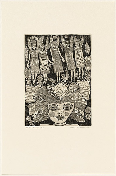 Artist: b'HANRAHAN, Barbara' | Title: b'Tell me! tell me!' | Date: 1989 | Technique: b'etching, printed in black ink with plate-tone, from one plate'