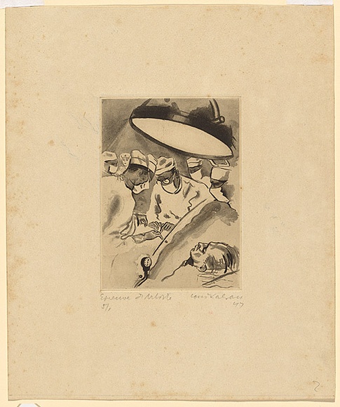 Artist: b'Kahan, Louis.' | Title: b'(Operation in theatre)' | Date: 1947 | Technique: b'aquatint, printed in black ink with plate-tone, from one  plate with brush and ink' | Copyright: b'\xc2\xa9 Louis Kahan. Licensed by VISCOPY, Australia'
