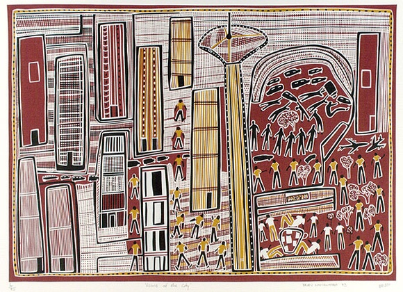 Artist: b'NYINAWANGA, Brian' | Title: b'Visions of the city' | Date: 1993 | Technique: b'screenprint, printed in colour, from four stencils'