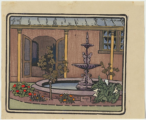 Artist: b'Pavia, Charles.' | Title: b'The fountain.' | Date: c.1938 | Technique: b'woodcut, printed in colour, from multiple blocks'