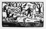 Artist: b'Allen, Joyce.' | Title: b'(Pai Korri and Winnie passing the eel in the black lake) (Illustration 2).' | Date: 1987 | Technique: b'linocut, printed in black ink, from one block'