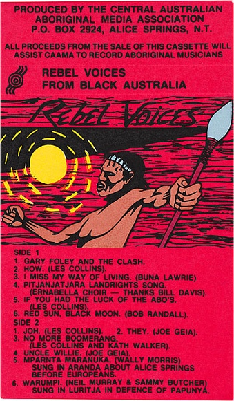 Artist: b'REDBACK GRAPHIX' | Title: b'Cassette cover: Rebel Voices from Black Australia' | Date: 1984-85 | Technique: b'screenprint, printed in colour, from four stencils'