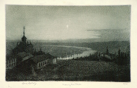 Artist: b'LINDSAY, Lionel' | Title: b'The Morning star, Toledo' | Date: 1938 | Technique: b'spririt-ground aquatint and burnishing, printed in blue ink, from one plate' | Copyright: b'Courtesy of the National Library of Australia'