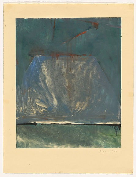 Artist: b'Maguire, Tim.' | Title: b'Not titled [monoprint of green and blue, red triangle at upper centre]' | Date: 1982 | Technique: b'monoprint, printed in colour, from one plate'