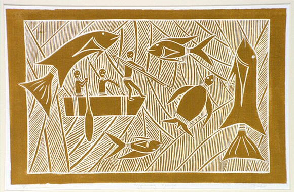 Artist: Marika, Banduk. | Title: Miyapunuwuy Nyarrunyan | Date: 1986 | Technique: linocut, printed in yellow ink, from one block