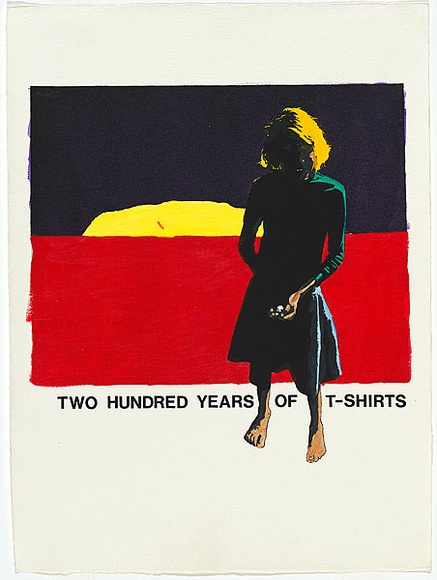 Artist: b'WORSTEAD, Paul' | Title: b'Two Hundred Years of T-shirts' | Date: 1983 | Technique: b'screenprint, printed in black ink, from one stencil; hand-coloured' | Copyright: b'This work appears on screen courtesy of the artist'