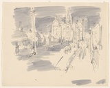Artist: MACQUEEN, Mary | Title: School in Abbotsford | Date: 1957 | Technique: lithograph, printed in black ink, from one plate; additions in grey wash | Copyright: Courtesy Paulette Calhoun, for the estate of Mary Macqueen