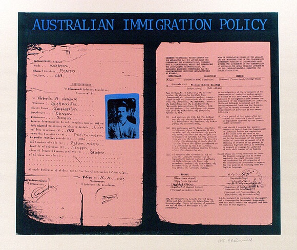 Artist: b'Aslanidis, Angelos.' | Title: b'Immigrant to Australia.' | Date: 1985 | Technique: b'screenprint, printed in colour, from multiple stencils'