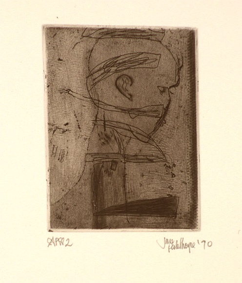 Artist: b'Palethorpe, Jan' | Title: b'not titled [bald figure in profile]' | Date: 1990 | Technique: b'etching and roulette, printed in black ink, with plate-tone, from one plate'