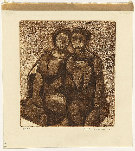 Artist: b'WILLIAMS, Fred' | Title: b'Sisters' | Date: 1961-62 | Technique: b'etching, deep etch, aquatint, engraving, drypoint, printed in sepia ink, from one copper plate' | Copyright: b'\xc2\xa9 Fred Williams Estate'