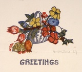 Artist: b'OGILVIE, Helen' | Title: b'Greeting card' | Date: 1937 | Technique: b'linocut, printed in colour, from multiple blocks'