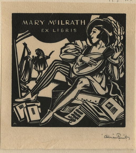 Artist: b'FEINT, Adrian' | Title: b'Bookplate: Mary McIlwraith.' | Date: (1932) | Technique: b'wood-engraving, printed in black ink, from one block' | Copyright: b'Courtesy the Estate of Adrian Feint'