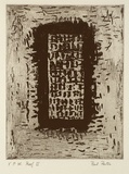 Artist: Partos, Paul. | Title: not titled [rectangle with dark lines emerging from it] | Date: 1986, March - April | Technique: sugarlift, aquatint and etching, printed in black ink, from one plate