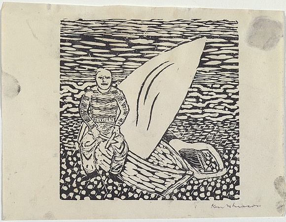 Artist: b'Whisson, Ken.' | Title: b'(Boy with yacht)' | Date: 1952-53 | Technique: b'linocut, printed in black ink, from one block'