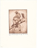 Artist: Kimai, Nani. | Title: Jäger mit Speer und Axt [Hunter with spear and axe] | Date: 1972 | Technique: etching, printed in brown ink, from one plate
