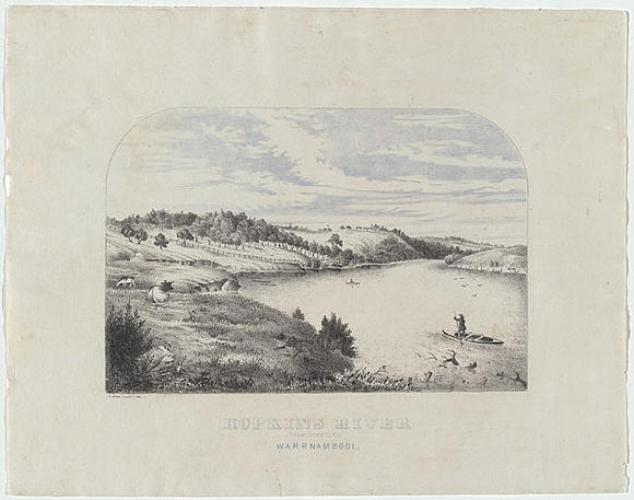 Artist: b'McAree, W.' | Title: b'Hopkins River (from cemetery), Warrnambool.' | Date: c.1860 | Technique: b'lithograph, printed in colour, from two stones'