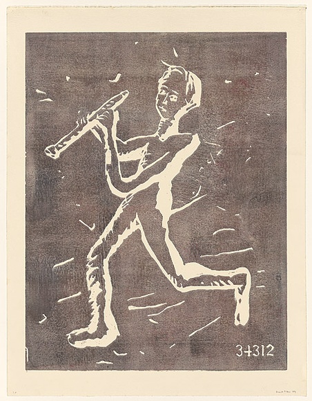 Artist: b'Tillers, Imants.' | Title: b'Flight at 34312' | Date: 1994 | Technique: b'woodcut, printed in purple ink, from one block' | Copyright: b'Courtesy of the artist'