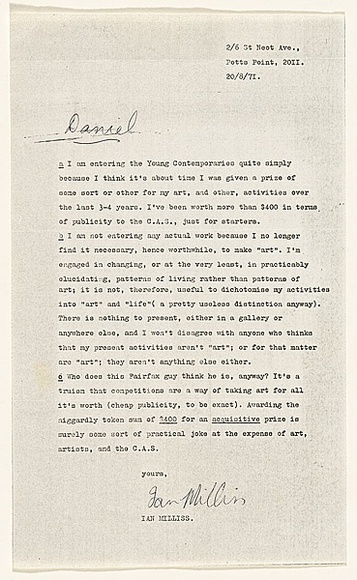 Artist: b'MILLISS, Ian' | Title: b'(Letter to Daniel Thomas discussing art prizes)' | Date: 1971 | Technique: b'photocopy'