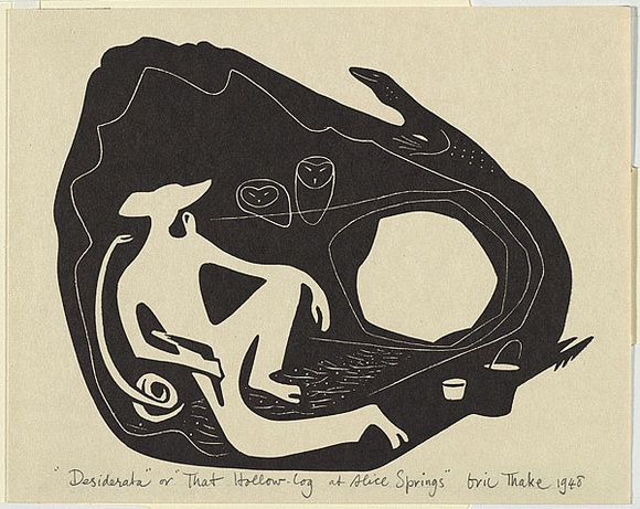 Artist: b'Thake, Eric.' | Title: b'Greeting card: Christmas (Desiderata or That hollow-log at Alice Springs).' | Date: 1948 | Technique: b'linocut, printed in black ink, from one block'