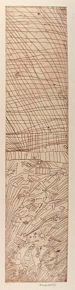 Artist: b'Puruntatameri, Delilah Freddy.' | Title: b'not titled [grid of fine lines over floating figures and forms]' | Date: 1995, November | Technique: b'etching, printed in black ink, from one plate' | Copyright: b'\xc2\xa9 Courtesy Delilah Freddy Puruntatameri and Jilamara Arts and Craft'