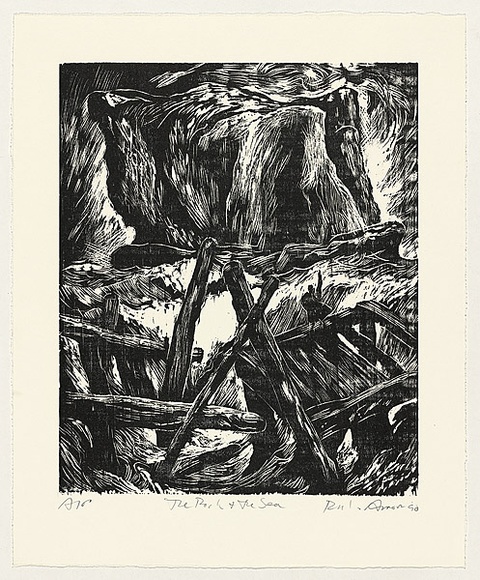 Artist: b'AMOR, Rick' | Title: b'The rock and the sea.' | Date: 1990 | Technique: b'woodcut, printed in black ink, from one block'