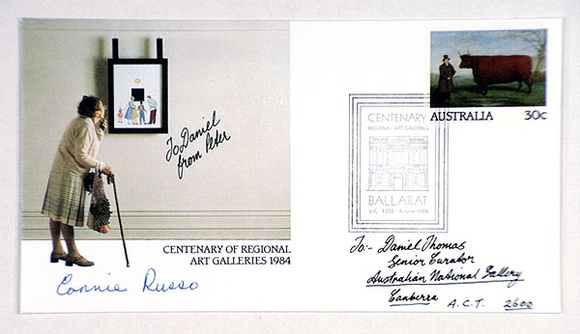 Artist: b'TYNDALL, Peter' | Title: b'Centenary of regional art galleries envelope' | Date: 1984 | Technique: b'offset-lithograph, printed in colour,from multiple plates; rubber stamp; blind stamp; pen and ink'