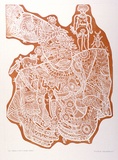 Artist: b'HANRAHAN, Barbara' | Title: b'Adam and Eve and Earth Mother' | Date: 1975 | Technique: b'relief-etching, printed in orange ink, from one block'