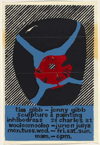 Artist: b'UNKNOWN' | Title: b'Tim Gibb - Jenny Gibb, sculpture and painting. Inhibodress, Woolloomooloo' | Date: 1970's | Technique: b'screenprint, printed in colour, from three stencils'