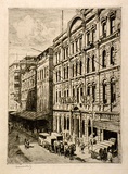 Artist: LINDSAY, Lionel | Title: Evening News office, Market Street, Sydney | Date: 1926 | Technique: etching and drypoint, printed in warm balck ink, from one plate | Copyright: Courtesy of the National Library of Australia