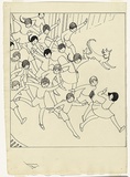 Artist: SPOWERS, Ethel | Title: Drawing for the linocut 'School is out' | Date: (1936) | Technique: pen and ink, pencil