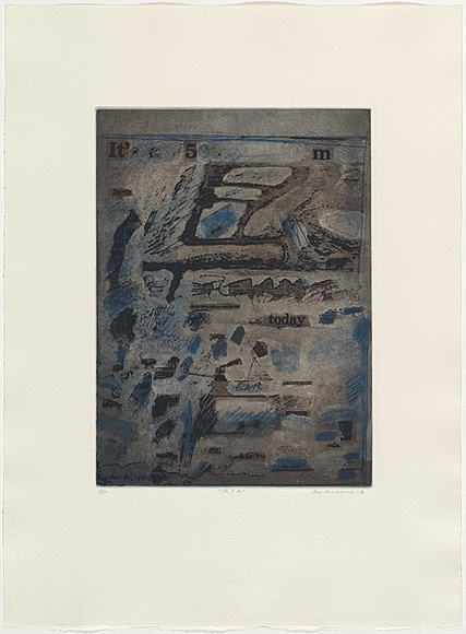 Artist: b'MADDOCK, Bea' | Title: bIt's 5 M | Date: 1976, October | Technique: b'photo-etching, aquatint, softground etching, engraving, roulette and drypoint, printed in colour, from two plates'