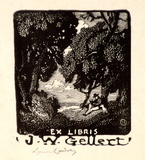 Artist: b'LINDSAY, Lionel' | Title: b'Book plate: J.W. Gellert' | Date: 1923 | Technique: b'wood-engraving, printed in black ink, from one block' | Copyright: b'Courtesy of the National Library of Australia'