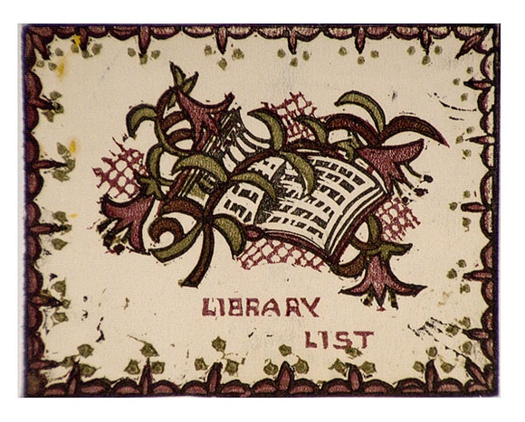 Artist: b'OGILVIE, Helen' | Title: b'Card: Library list' | Technique: b'linocut, printed in colour, from multiple blocks'