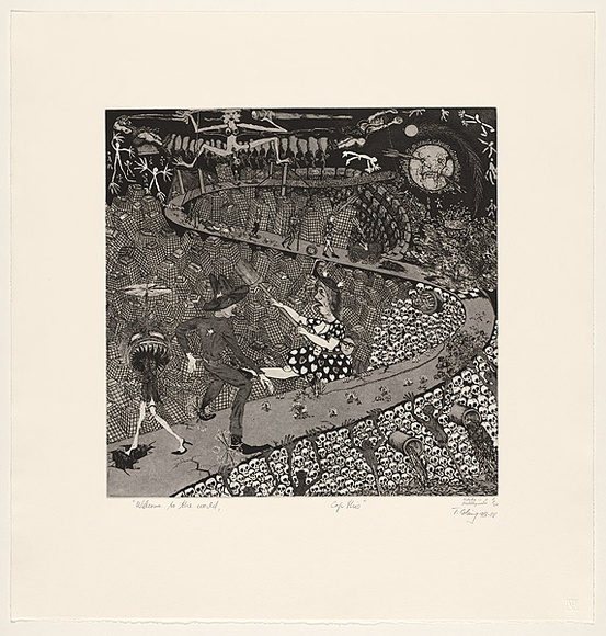 Artist: b'Nedelkopoulos, Nicholas.' | Title: b'Welcome to the world, - Cop this.' | Date: 1986-88 | Technique: b'etching and aquatint, printed in black ink, from one plate'