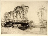 Artist: b'LONG, Sydney' | Title: b'The bridge, Avoca' | Date: 1926 | Technique: b'line-etching and drypoint, printed in brown ink with plate tone, from one zinc plate' | Copyright: b'Reproduced with the kind permission of the Ophthalmic Research Institute of Australia'