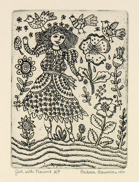 Artist: b'HANRAHAN, Barbara' | Title: b'Girl with flowers' | Date: 1991 | Technique: b'etching, printed in black ink with plate-tone, from one plate'