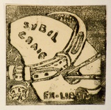 Artist: b'Craig, Sybil.' | Title: b'Bookplate: Sybil Craig (tail wagger).' | Technique: b'linocut, printed in black ink, from one block'