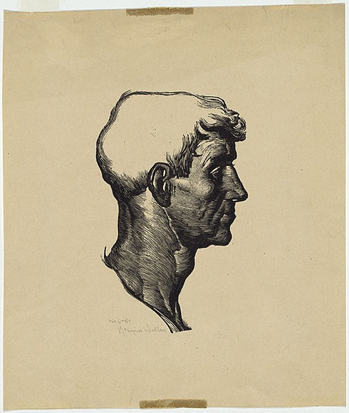 Artist: b'Waller, M. Napier.' | Title: bMan's head | Date: 1925 | Technique: b'engraving, printed in black ink, from one perspex block'