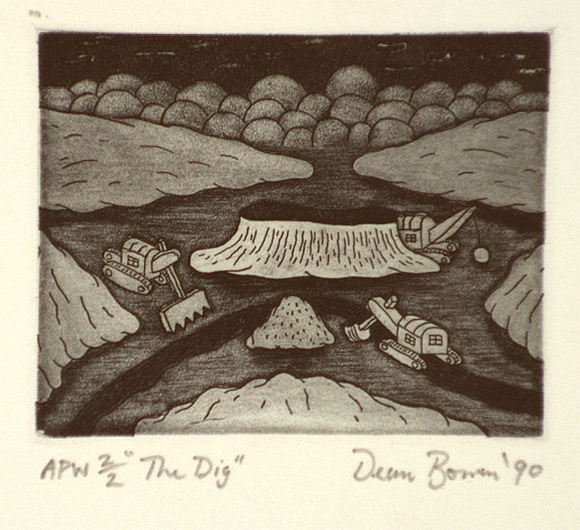 Artist: b'Bowen, Dean.' | Title: b'The dig' | Date: 1990 | Technique: b'etching, printed in blue ink, from one plate'