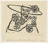 Artist: b'Groblicka, Lidia.' | Title: b'Lady with the flowers' | Date: 1966 | Technique: b'linocut, printed in black ink, from one block'