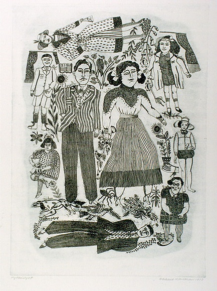 Artist: b'HANRAHAN, Barbara' | Title: b'My family' | Date: 1978 | Technique: b'etching, printed in blue with plate-tone'