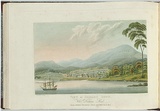 Artist: b'LYCETT, Joseph' | Title: bView of Hobart Town, Van Diemen's Land. | Date: 1824 | Technique: b'etching and aquatint, printed in black ink, from one copper plate; hand-coloured'
