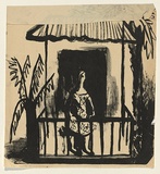 Title: b'not titled [girl on verandah]' | Technique: b'lithograph, printed in black ink, from one stone'