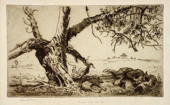 Artist: b'LINDSAY, Lionel' | Title: b'Burden and heat of the day' | Date: 1938 | Technique: b'etching and aquatint, printed in brown ink, from one plate' | Copyright: b'Courtesy of the National Library of Australia'