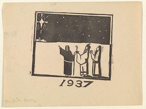 Artist: b'Beal, Ian.' | Title: b'Three Kings.' | Date: 1937 | Technique: b'linocut, printed in black ink, from one block'