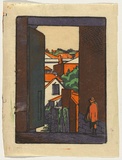 Artist: b'Cox, Roy.' | Title: b'(View through open door).' | Date: c.1932 | Technique: b'linocut, printed in colour, from mutliple blocks'